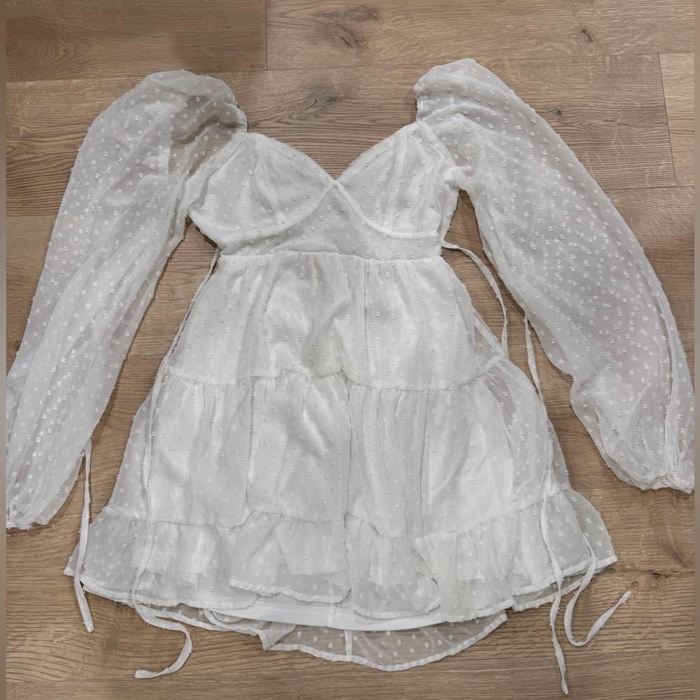 Lulu's White Mini Dress with Sheer Sleeves